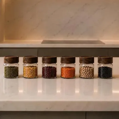 Image de Pots à épices en verre acacia, set de 6, 160 ml, 6,5 x 8 cm