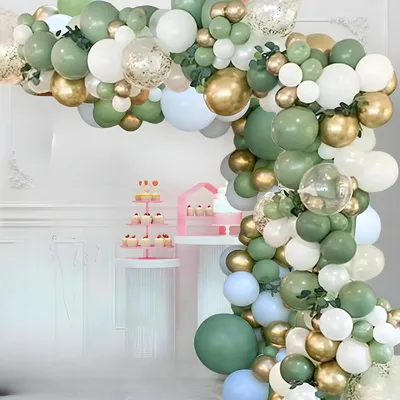 Productafbeelding van Ballonboog in groentinten, 152 stuks, met avocado-, olijf-, goud- en saliegroene ballonnen, geschikt voor verjaardagen, bruiloften en babyshowers