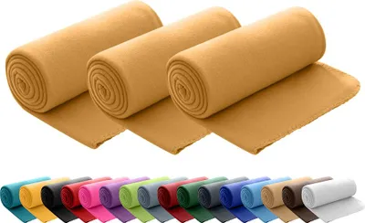 A collage showing rolled up fleece blankets in yellow at the top and a row of rolled up fleece blankets in various colors at the bottom.