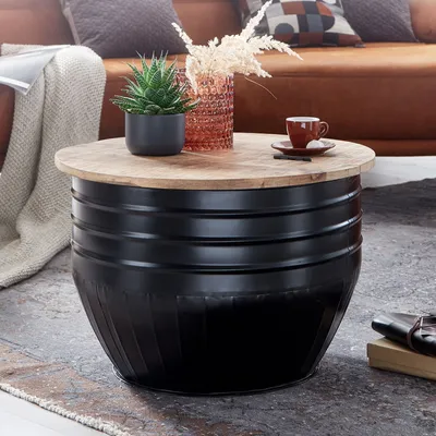 Produktbild von WOHNLING Couchtisch Mango Holz Metall 60x41x60 cm Industrial Style Rund Design Wohnzimmertisch mit Stauraum Moderner Loungetisch Sofatisch Schwarz