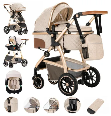 Image de Poussette 3-en-1 - Poussette combinée et système de voyage - Poignée réglable en hauteur - Moustiquaire - Châssis en aluminium pliable, 20 kg - Blanche