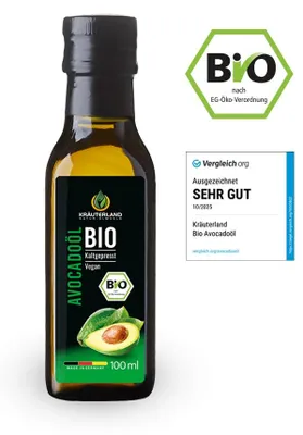 Produktbild von Kräuterland Avocadoöl 100ml kaltgepresst aus biologischem Anbau GVO-frei natives Speiseöl