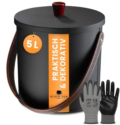 Produktbild von BLACK OAK Ascheeimer TOBA 5L – schwarz mit Deckel & Leder-Griff + Handschuhe – 5L feuerfest
