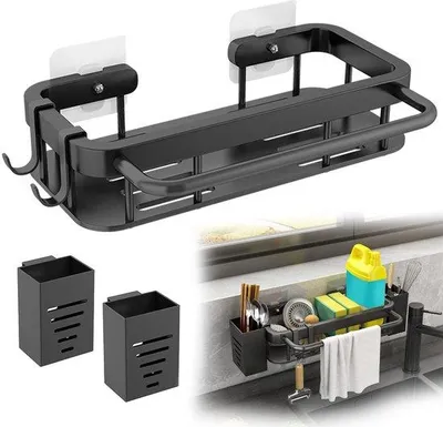 Immagine prodotto di Organizer da lavello in acciaio inossidabile, montaggio a parete senza forature, con 2 cassetti per bacchette e 2 ganci, per utensili da cucina e accessori da bagno (nero)