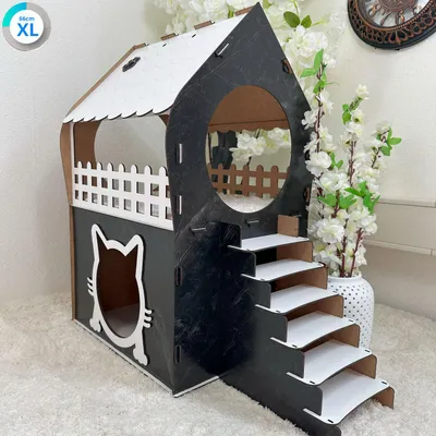 Produktbild von MDF Katzenhaus mit Marmoroptik – Schwarz & Weiß – 2 Etagen – In 3 Größen – Werkzeugloser Aufbau : XL
