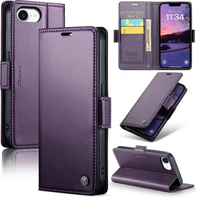 Produktbild von Lederhülle für iPhone 16e/iPhone 17e Brieftasche Kartenfach Schutzhülle mit Standfunktion Lila