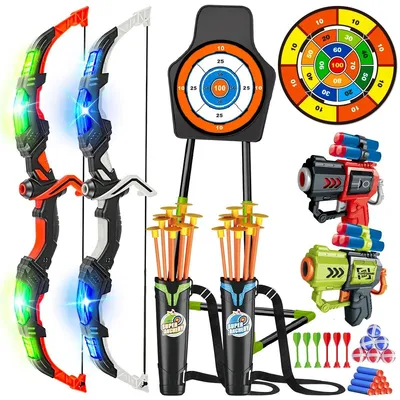 Produktbild von Spielzeug Bogen und Pfeile mit Pistole - Kinder Bogenschieß Set - 2er Pack - Zielscheibe mit Ständer - Indoor & Outdoor Spiel - Ab 14 Jahren