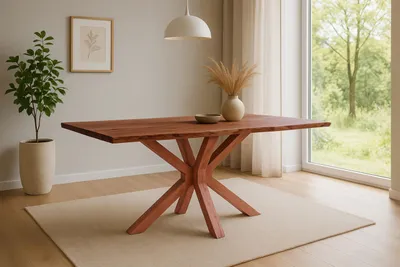 A dining table in a well-lit room with a large window and natural light.
