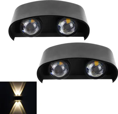 Image de Lot de 2 appliques murales d'intérieur et d'extérieur « Up & Down » en aluminium, spots muraux modernes orientables vers le haut et vers le bas, 4 W, IP65, pour couloir et jardin, noir, blanc chaud