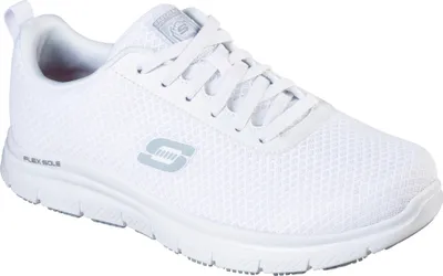 A white Skechers sneaker is shown from a side angle against a white background.