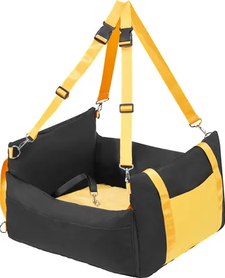 A black and yellow pet car seat with yellow straps and buckles is shown against a white background.