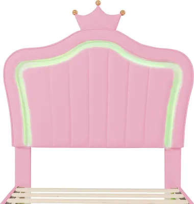Image de OKWISH Lit simple 90x200 cm - Lit couronne LED en similicuir - Rose