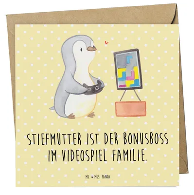 Produktbild von Mr. & Mrs. Panda Grußkarte Stiefmutter Bonusboss - Gelb Pastell - Geschenk, Glückwunschkarte, faltkarte, doppelkarte, Freude, Fürsorge, anlasskarte, Geburtstage