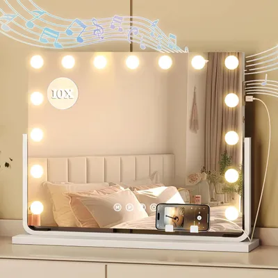 Produktbild von YITAHOME 15 LED Kosmetikspiegel Schminkspiegel, 58x46cm, Dimmbar Licht, USB & Type-C Anschluss, 10X Vergrößerung & Handyhalterung, mit Lautsprecher
