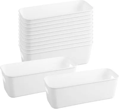 Produktbild von Unyqoos® 12er Set Aufbewahrungsboxen aus PP 25 x 10 x 8 cm (2 L) – stapelbare Kunststoff-Boxen mit Griffen, weiß, für Haushalt & Büro
