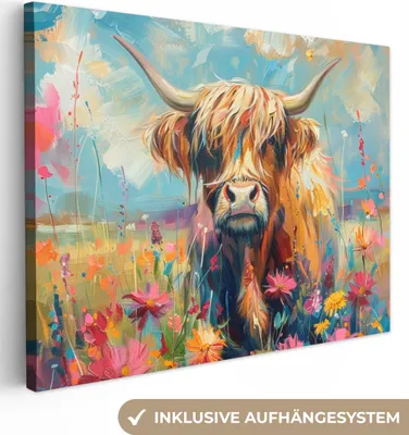Produktbild von MuchoWow® - Leinwandbilder - Schottische Hochländer - Natur - Farbenfroh - Blumen, Wandbild, Wanddeko Bilder Wohnzimmer, 120x90cm