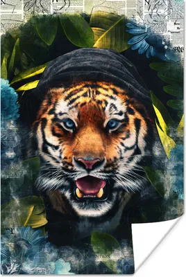Produktbild von MuchoWow® Poster Tiger - Zeitung - Blumen 80x120 cm - Papierdruck