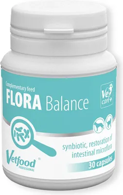 Zdjęcie produktu dla VetFood Flora Balance – preparat wspomagający odbudowę flory jelitowej podczas antybiotykoterapii, dla psów i kotów, 60 kapsułek