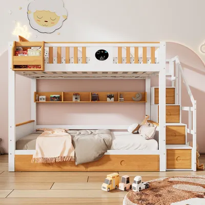 Produktbild von Merax Etagenbett 90x200cm mit Treppe und Schließfächer, Kinderbett mit Schubladen, Stockbett mit Regal, Kiefer Hochbett mit Rausfallschutz, Weiß/Natur