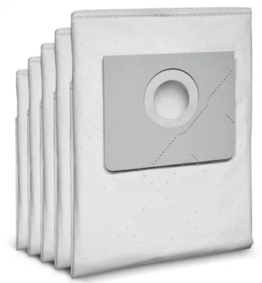 A stack of five white vacuum cleaner bags with a gray cardboard collar on the front bag.