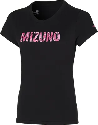 Produktbild von Mizuno Damen T-Shirt Sportshirt Logo Shirt Athletic Tee Schwarz Pink