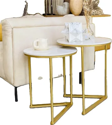 Image de Table d'appoint, set à encastrer, marbre et or, BLANC