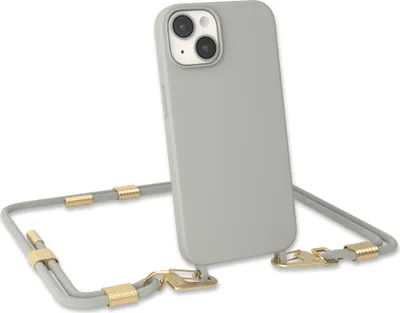 Produktbild von EAZY CASE Handykette Silikon mit Clips 2 in 1 kompatibel mit Apple iPhone 14 Handyhülle mit Umhängeband, Handykordel mit Silikon, Hülle mit Band, Kette für Smartphone, Taupe - Clips Gold