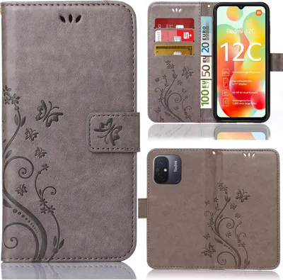 Produktbild von Handy Tasche für Xiaomi Redmi 12C Schutz Hülle Handyhülle mit Blumenmuster Klapp Hülle mit Standfunktion und Kartenfächer Grau