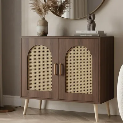 Zdjęcie produktu dla Komoda z szufladami HWC-P51, szafka z drzwiczkami kredens schowki, polirattan MDF melamina 79x80x40cm ~ brązowy