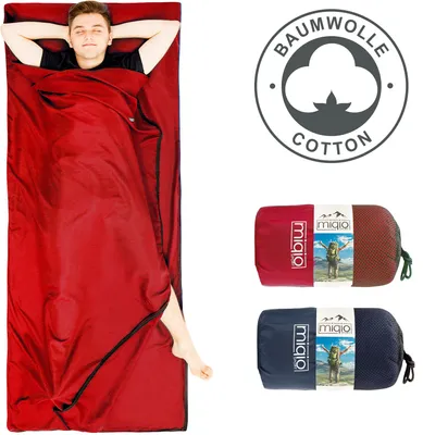 Produktbild von MIQIO® 2in1 BAUMWOLL-Hüttenschlafsack mit durchgängigem Reißverschluss (Koppelbar): Leichter Komfort Reiseschlafsack und XL Reisedecke in Einem - Sommer Schlafsack Innenschlafsack (Rot ,Links)