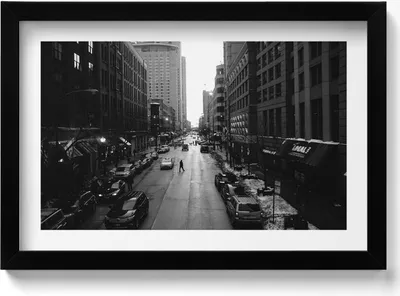 Produktbild von Weiß-weiße Straßen von Chicago– Wandbild mit Rahmen – Gerahmtes Bild  – Wanddekoration – 30x20 cm –  Schwarz Rahmen