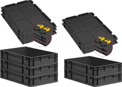 Produktbild von SuperSparSet 5x Eurobox NextGen Grip mit Scharnierdeckel und gelben Schiebeschnappverschlüssen | HxBxT 12x40x60cm | 23 Liter | Schwarz | Griffe geschlossen | Eurobehälter, Transportbox, Transportbehälter, Stapelbehälter