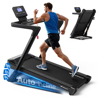 Produktbild von Merach Laufband mit 18% automatischer Steigung, Merach, 3,5 PS Bürstenlosmotor & App, 0.8-14 km/h, breite Lauffläche, max. Benutzergewicht bis 159 kg