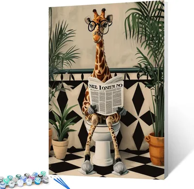 Produktbild von Malen nach Zahlen fš¹r Erwachsene, Niedliche Giraffe auf der Toilette, Einfaches DIY-?lgem?lde-Set auf Leinwand mit Pinseln und Acrylfarben, Lustiges nordisches Tierbild in der Badewanne fš¹r Erwachsene