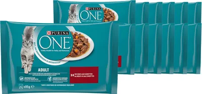 Produktbild von PURINA ONE Adult Katzenfutter nass, zarte Stückchen in Sauce mit Rind, 4erPack à 85g (12er Pack (12 x 4 x 85g))