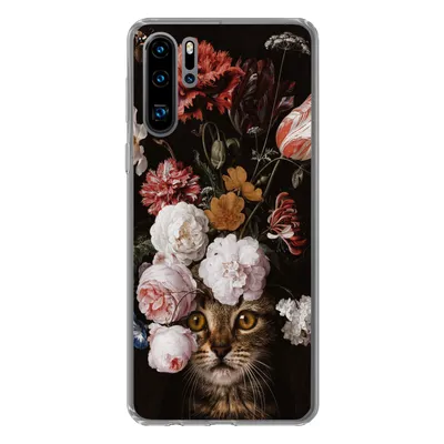 Produktbild von MuchoWow® Handyhülle Schutzhülle Hülle für Huawei P30 Pro Katze - Blumen - Kunst Silikon Softcase Handy Hülle - Schutzdeckel