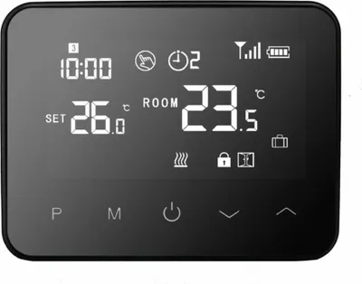 A digital thermostat display showing temperature and time settings.
