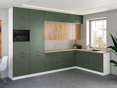 Obrázek produktu pro Rohová kuchyňská linka WERIA 330x210cm Olive + dub artisan