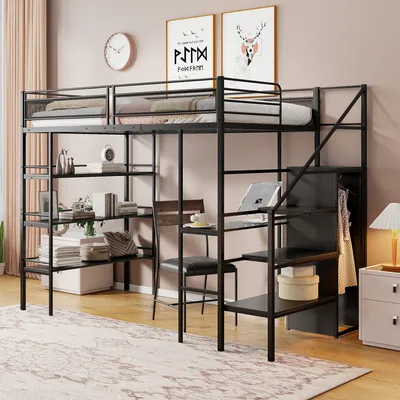 Produktbild von Hochbett mit Schreibtisch und Regal, 140x200 cm, Metallbett mit Lattenrost und Rausfallschutz, Jugendbett