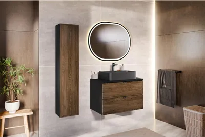 Image de Colonne salle de bain SAVIA 140 cm marron et noir – 1 porte et rangements
