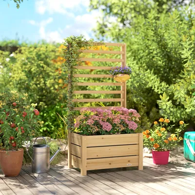 Produktbild von Hochbeet mit Rankgitter Holz, erhöhter Blumenkasten Spalier, Tannenholz Naturholz | 60 x 39 x 120 cm | 6,8 kg | Abflussloch & Vliesstoff