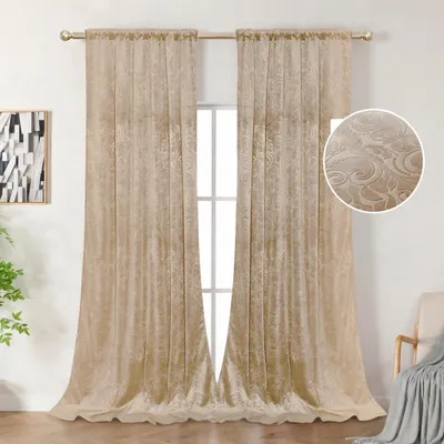 Produktbild von 2er Set Samtvorhänge Blumen Muster Blickdicht Samt Vorhang Multifunktionsband Gardinen für Schlafzimmer Wohnzimmer, Beige, H225xB132cm