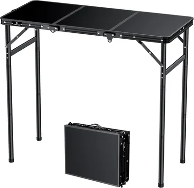 Imagen del producto de Mesa plegable para camping, de aluminio y MDF, con dimensiones de 90 x 40 cm, con 3 niveles de altura ajustables, ideal para picnics