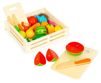 Image de Légumes et fruits en bois à découper, avec une boîte en bois et 17 éléments