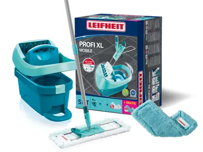 A Leifheit Profi XL Mobile mop set is displayed with its packaging and accessories.