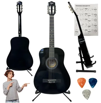 Image de Guitare classique V-TONE BCG BK, noire, taille 4/4, idéale pour les débutants, avec 3 médiators et un accordeur