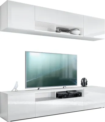 Produktbild von Vladon Wohnwand Mogan, Weiß matt/Weiß Hochglanz - Moderne Anbauwand bestehend aus 2 TV-Boards (181 x 147 x 35 cm)