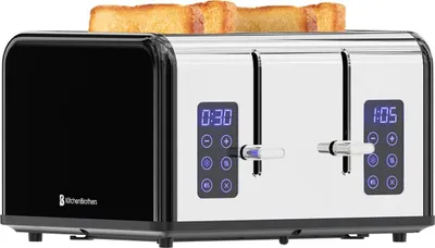 A four-slice toaster with a black and silver finish, displaying digital timers.