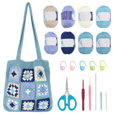 Produktbild von Häkel Tasche Set für Anfänger, DIY Granny Square Tasche, Dunkelblau
