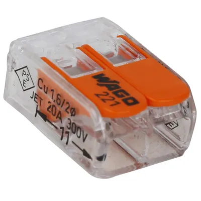 Immagine prodotto di Morsetto per scatola di derivazione Wago COMPACT a 2 poli con leve, max. 4 mm², trasparente, confezione da 100 pezzi.